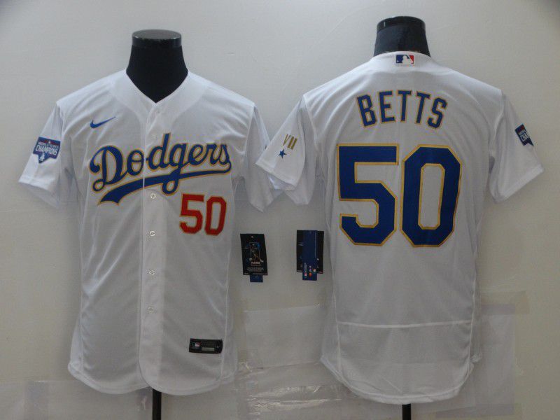 Men Los Angeles Dodgers #50 Betts Champion of white gold and blue characters Elite 2021 Nike MLB Jersey